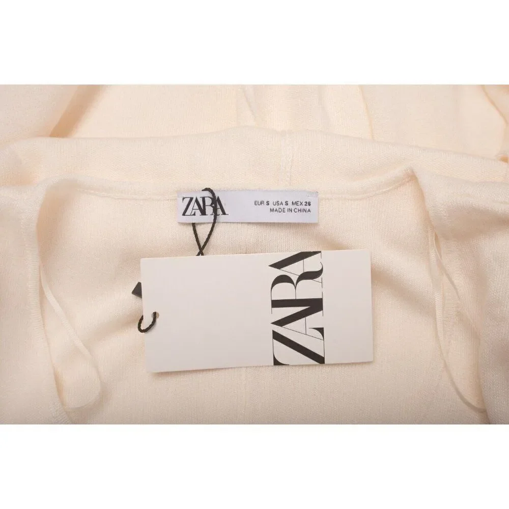 Zara Women Midi Knit Dress Size S Ecru Ivory Front seam long sleeve 5536/042 NWT